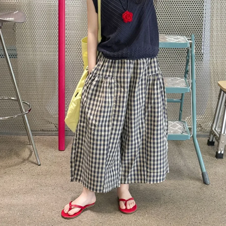 

Children's Clothing Girls' Casual Pants 2025 Summer Children's Korean Checkered Pants Breathable Pants