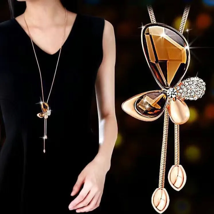 Fashion Crystal Butterfly Long Necklace Women Classic Sweater Chain Necklaces & Pendants Fine Gift