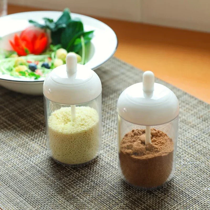 Kitchen Glass Spices Jars Stickers Salt Sugar Powder Olive Oil Pepper Seasoning Storage Bottle Spoon Base Tools Accessories Set