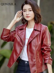 2023 Autumn Winter Women's Faux Leather Jacket Moto Biker Zipper Asymmetric Red PU Imitation Leather Women Coat Oversize Winter