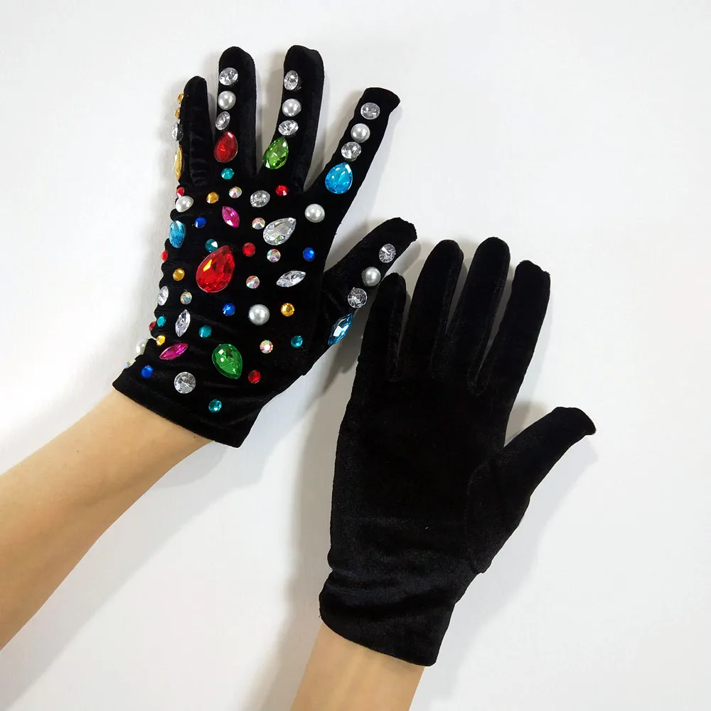 

Women's Black Velvet Short Gloves with Sparkly Rhinestones Pearl Detailing Wedding Prom Stage Performance Fashion Accessories