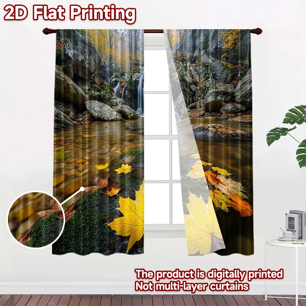 2D flat printing 2pcs Curtains Autumn Waterfall Yellow Umbrella Digital Printed Polyester Drapes Festive Holiday Use for Holiday