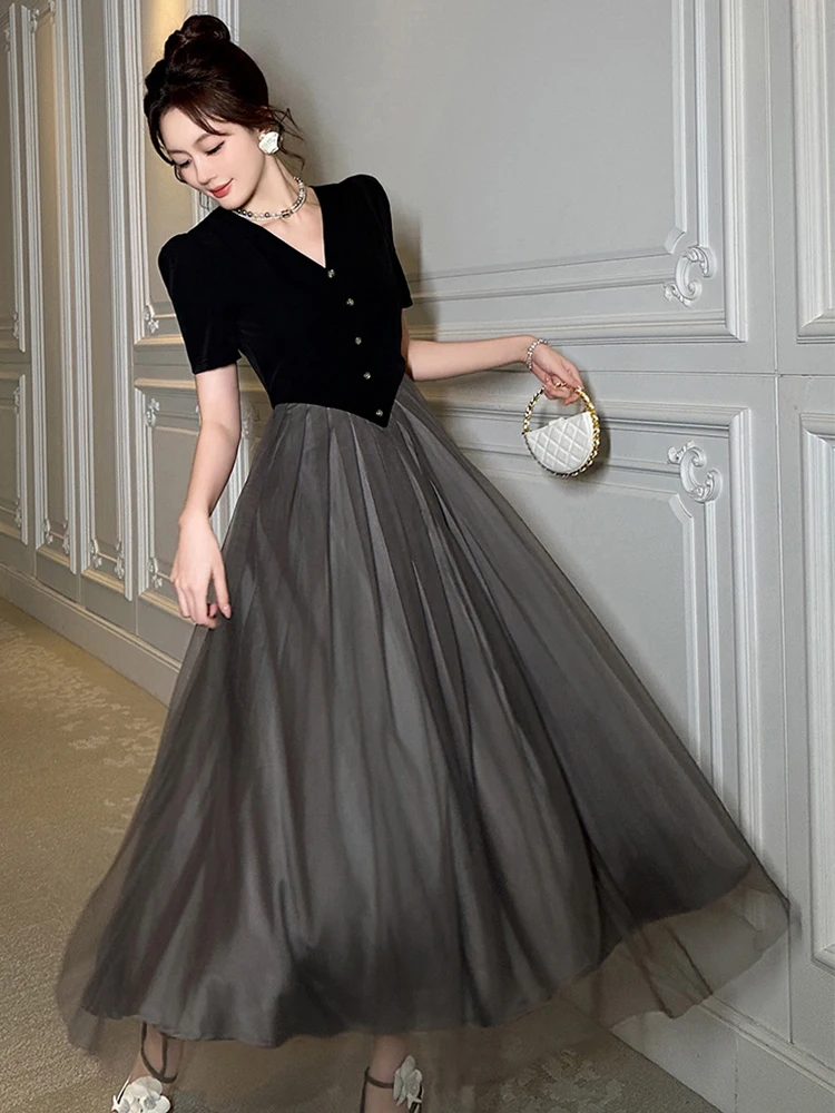 Women's French Elegant Evening Dress for Woman Retro Celebrity Single Breasted Sheer Mesh Swing Robe Female Prom Party Vestidos