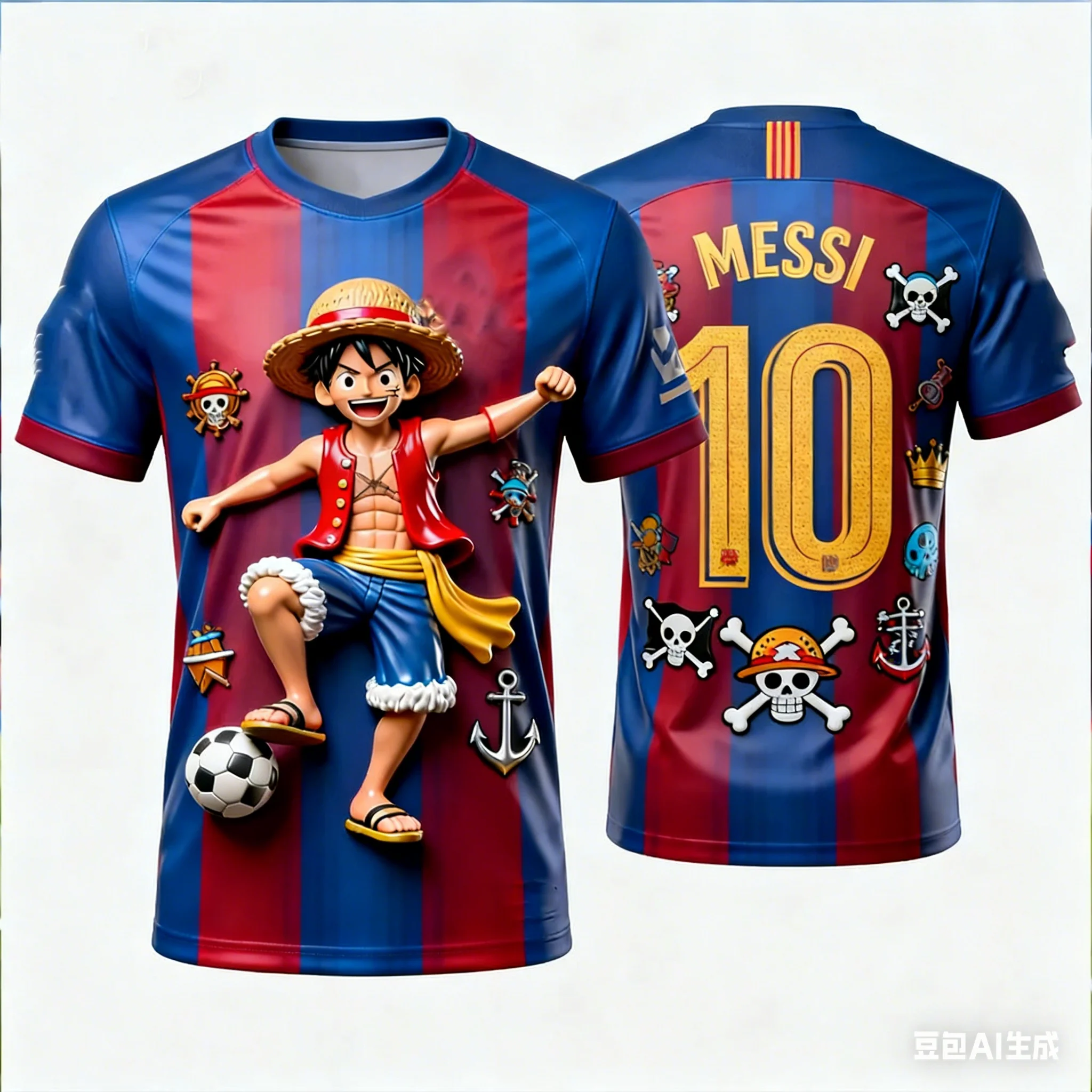 Camiseta de Fútbol 3D de Secado Rápido One Piece Luffy x Messi 10 Barcelona para Hombre, Mujer y Niños, Camiseta de Anime para Fanáticos del Fútbol, Ropa Urbana