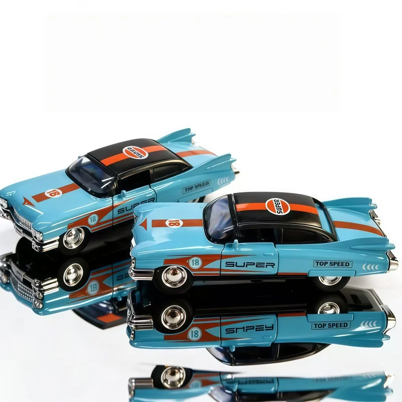 1/36 Amerikanisches klassisches Retro-Rennwagen-Modell aus Legierung, blau-orange lackiertes Druckguss-Spielzeugauto, geeignet für Sammler.