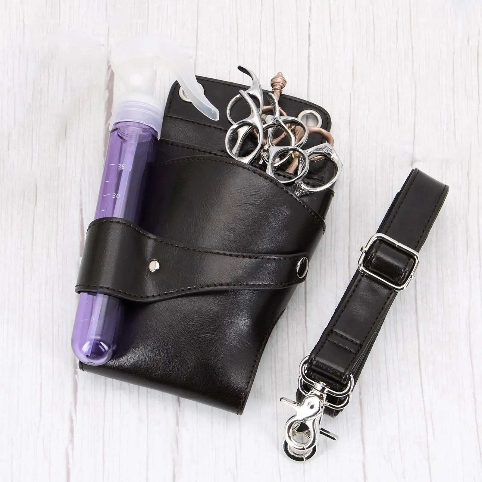 Hairdresng Scissor Pouch PU Leather Removable Hook Belt Salon Dark Grey