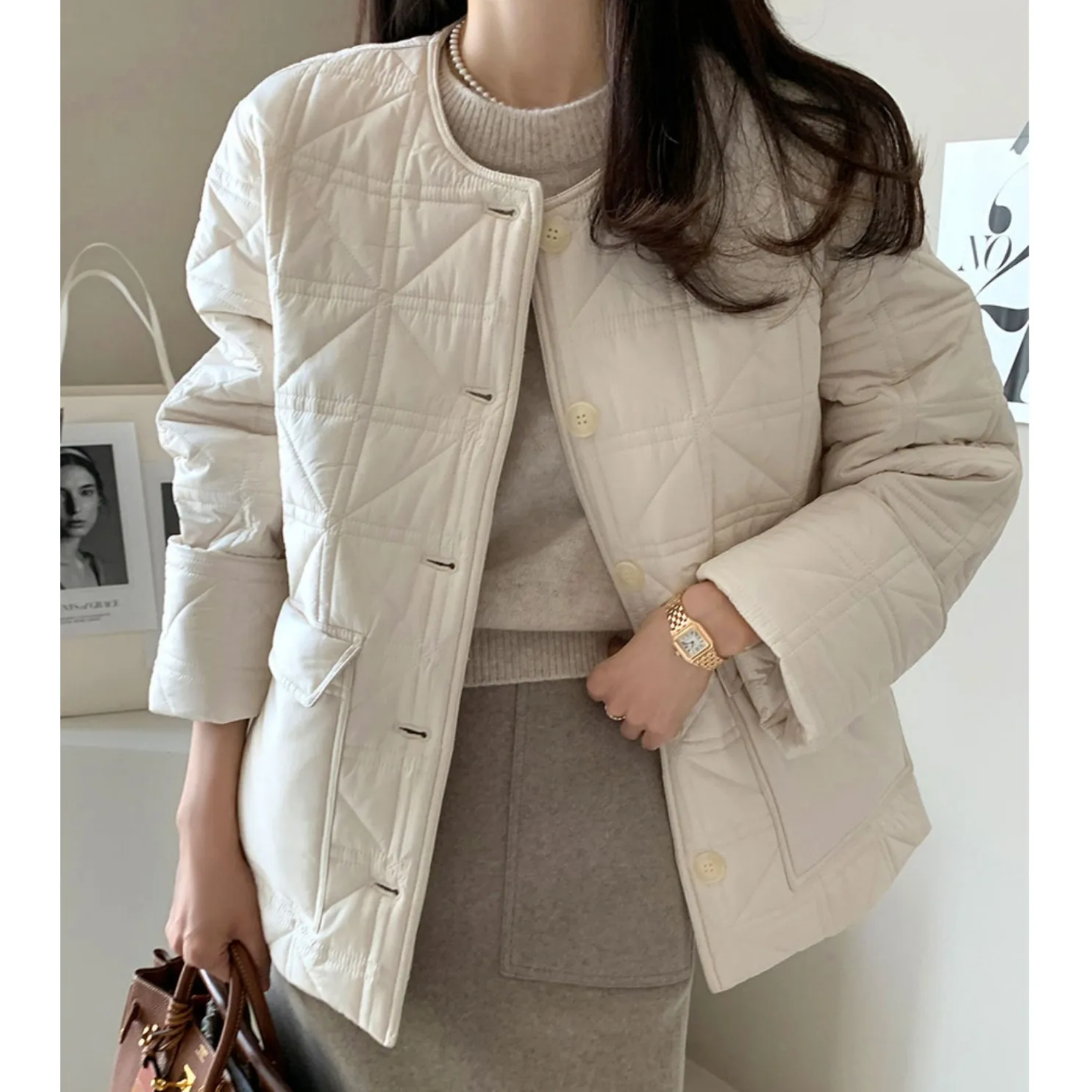 

Корейско-японское женское хлопковое стеганое пальто с ромбовидным узором, длинное, с круглым вырезом, на одной пуговице, стандартный крой...