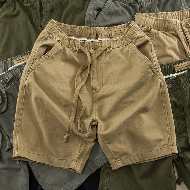 Summer Pure Cotton Workwear Casual Sports Shorts Men's Elastic Waist for Labor Wear Resistant Five-Quarter Pants