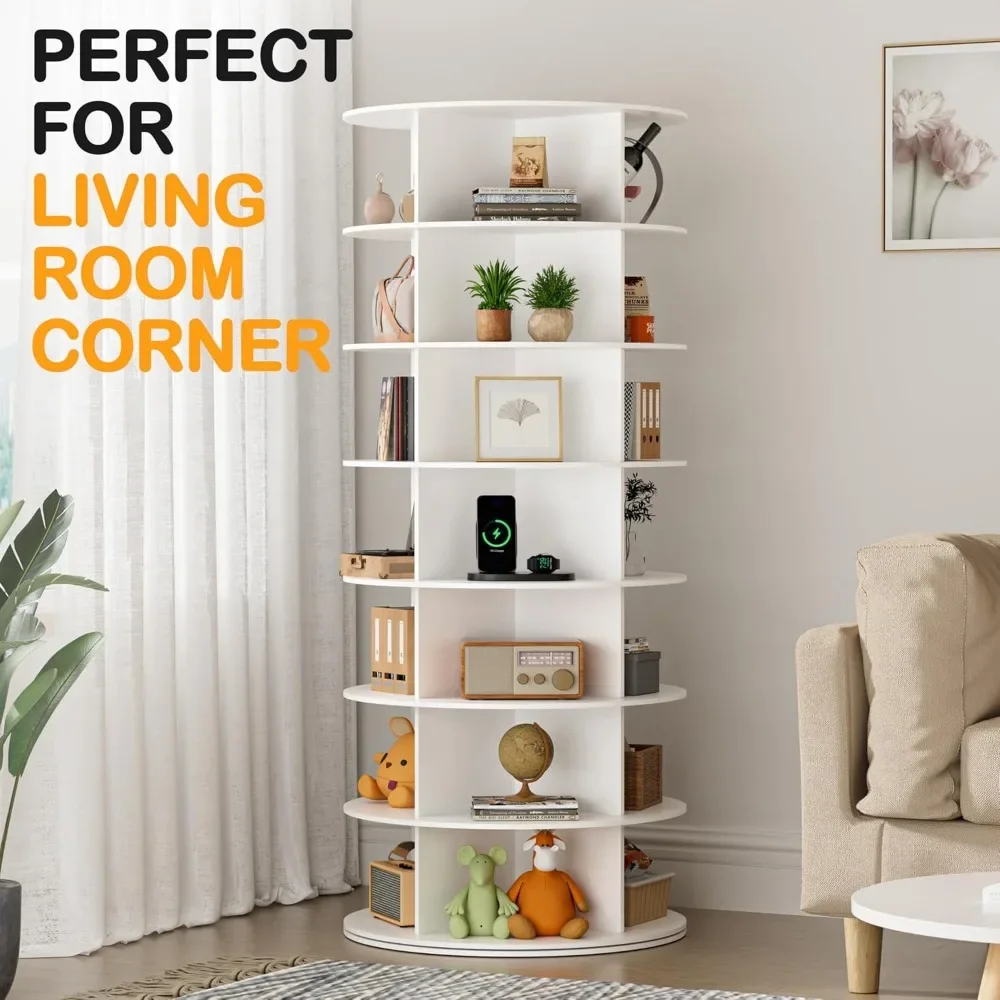 Rotating Shoe Rack Tower 7 Tier Organizer, Vertical Spinning Shoe Display Lazy Susan, Revolving 360 White Shoe Rack