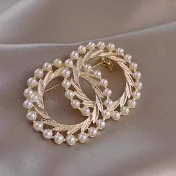 1pcs Fashion Full Pearl Double Circle Round Brooch for Women Jewelry Pins Metal Brooch