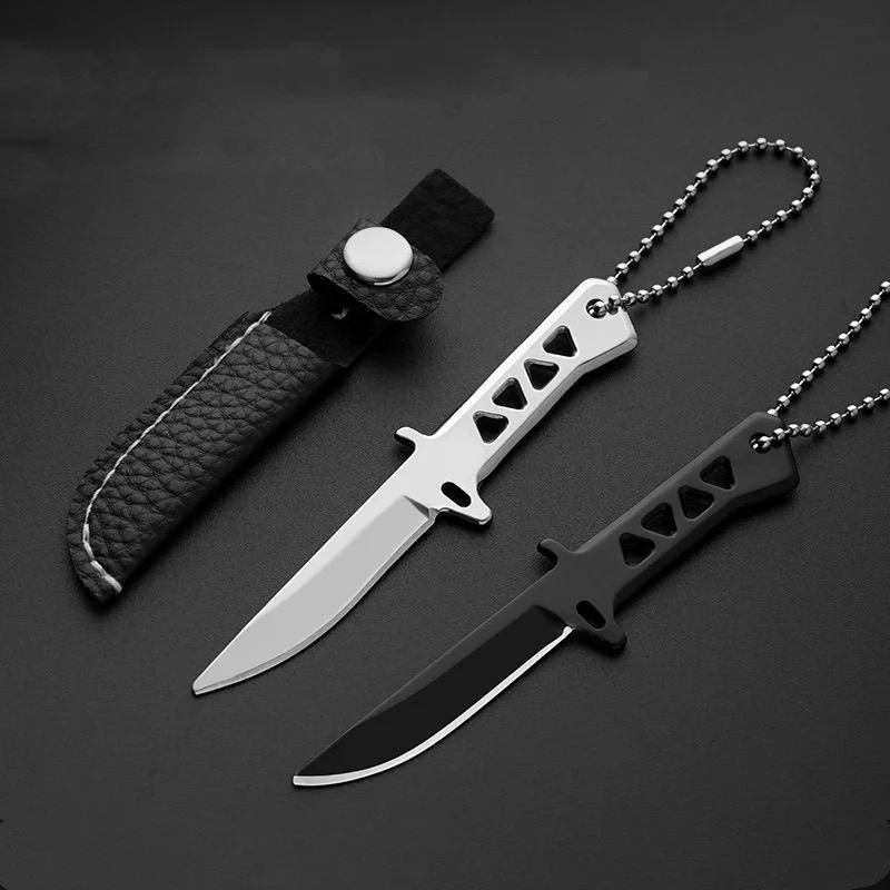 All Steel Mini Fixed Blade Keychain Knife with Leather Sheath Hollow Handle EDC Pocket Letter Parcel Cutter Portable Daily Utili