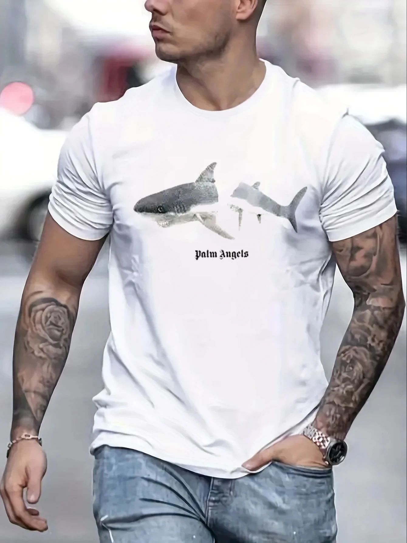 Short Sleeved T-Shirt Fun Cartoon Shark Design New T-Shirt o-Neck Black White Harajuku Men Tee Tops Cotton Fashion Clothing