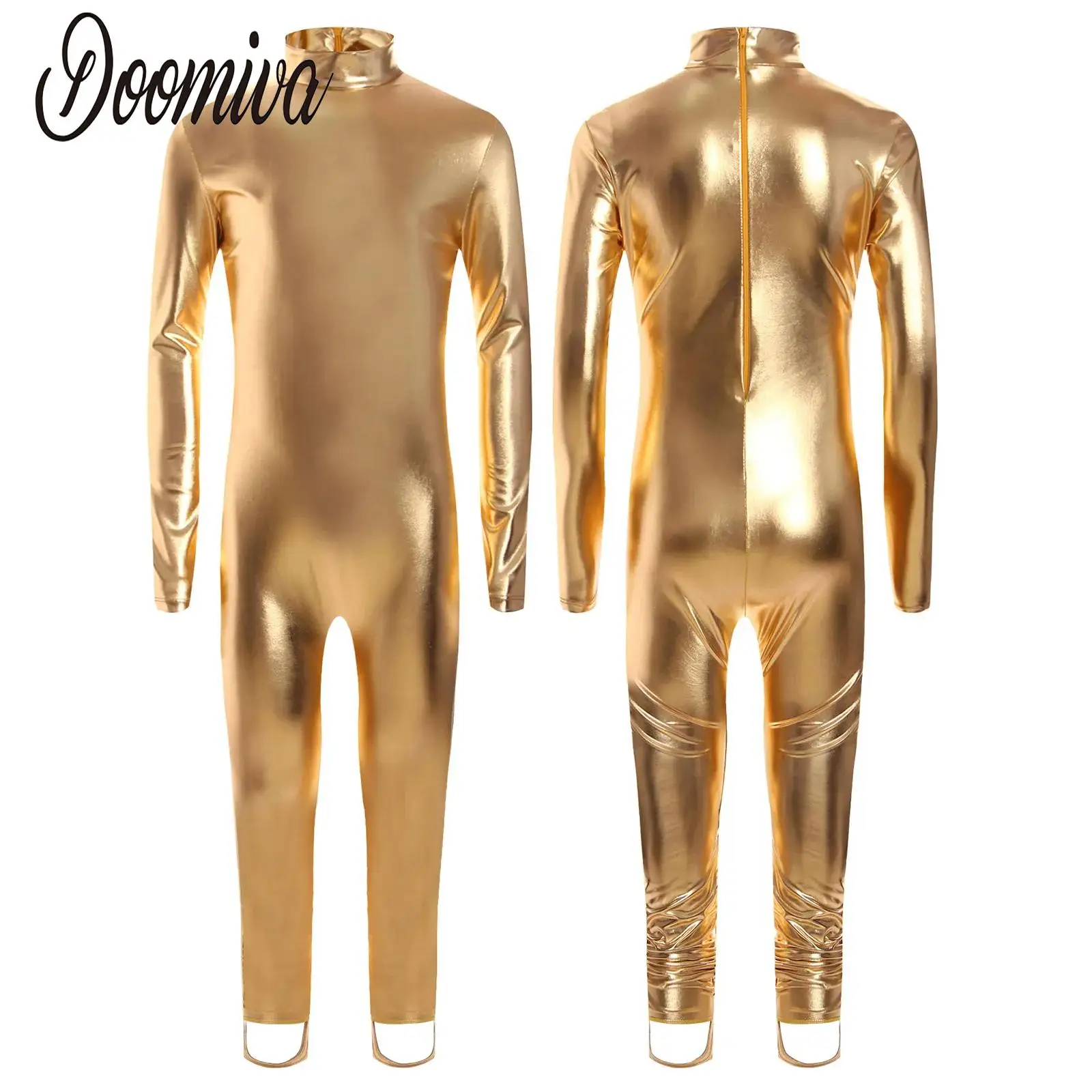 

Kids Girls Metallic Shiny Zipper Back Jumpsuit Dance Ballet Gymnastic Long Sleeve Full Bodysuit Stage Performance Costumes