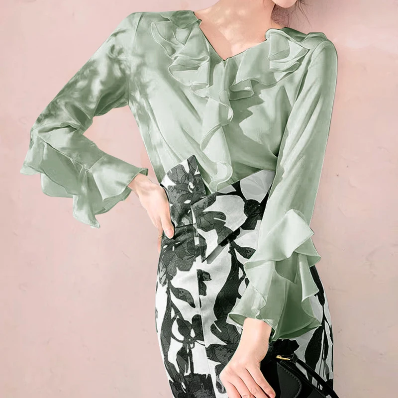 Ruffle V-Neck Silk Blouse Women 2026 Spring Fall Office Casual Top French Style 100% Mulberry Silk Long Sleeve Shirt