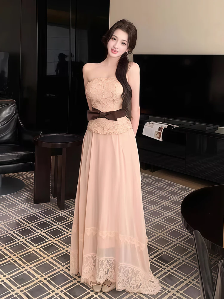 ReddaChic Lace Strapless Tube Skirt Set Women Bow Belt Floral Lace Tank Top Chiffon Flowy Maxi Long Skirt Summer Women Clothes