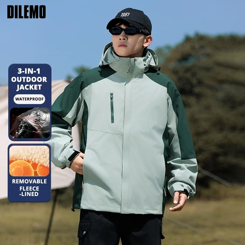 

High End Thick 3-in-1 Interchange Jacket Fleece-lined Hooded Outdoor Coats Men Windproof Breathable Heavy Windbreaker Outerwear