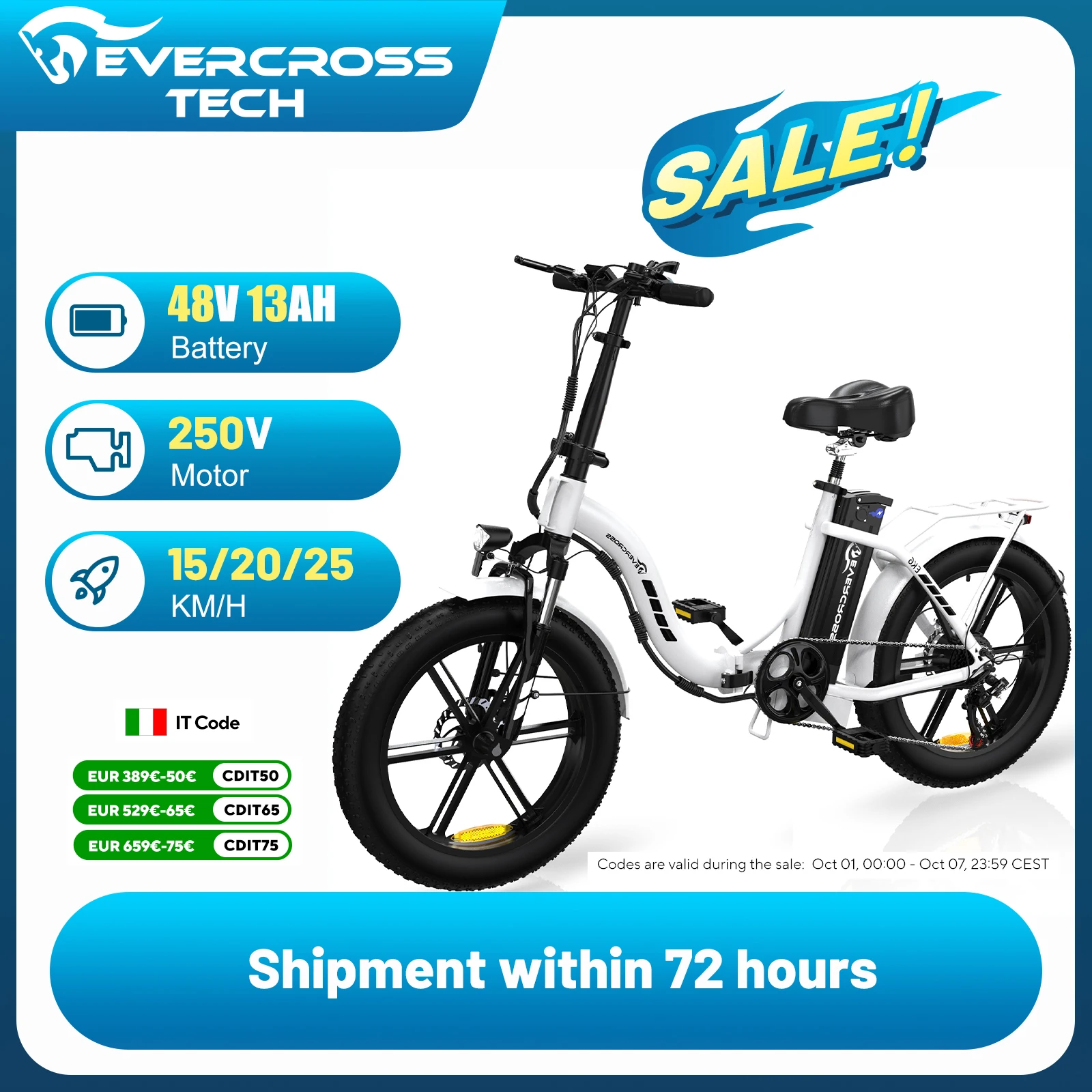 EVERCROSS TECH EK6 Biciclette elettriche per adulti, e-bike pieghevole con pneumatici larghi da 20 x 4,0, mountain bike elettrica con cambio a 7 velocità, batteria da 48V 15AH, motore da 250W, peso