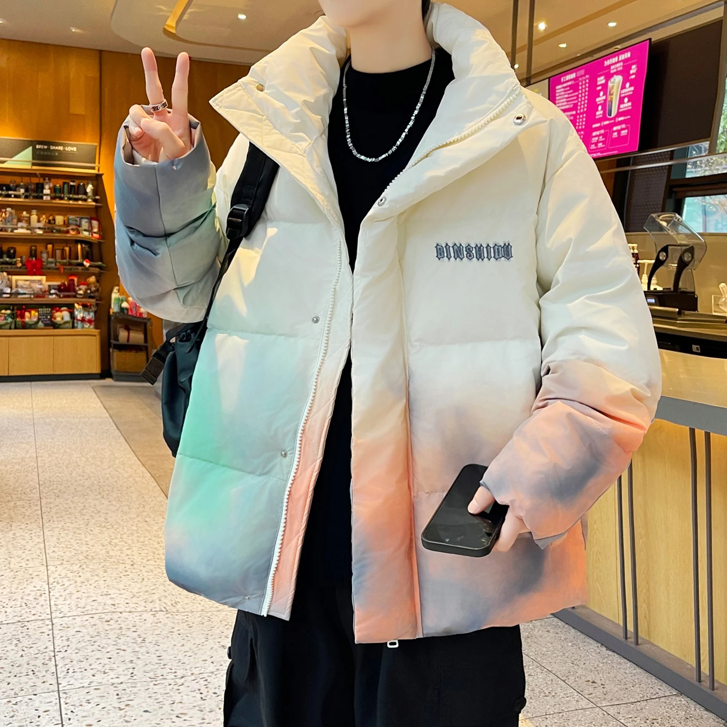 Fashion Youth Stand Collar Cotton-Padded Jackets Winter Men's High Streetwear Thick Coat Outdoor Windproof Loose Warm Top Parkas