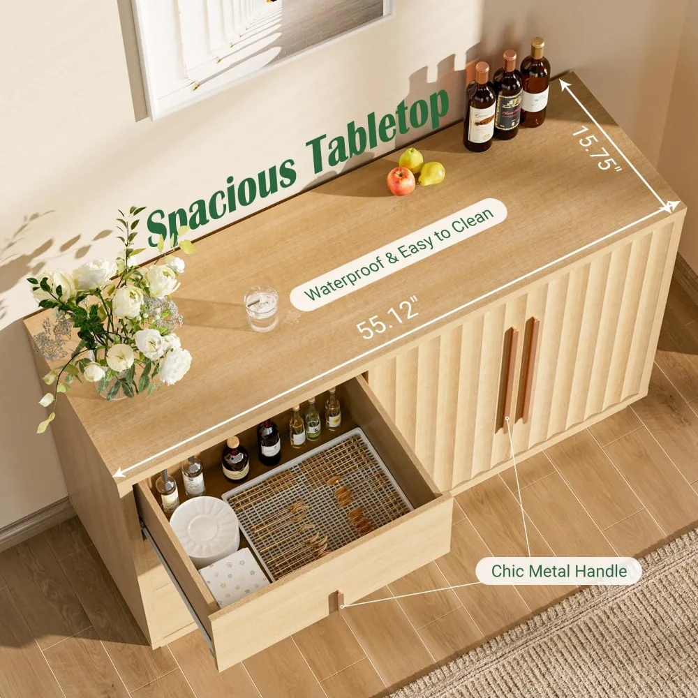 溝付きビュッフェサイドボードキャビネット（収納付き）、55インチモダンなクレデンザ収納キャビネット（3つの引き出し、2つのドア、調節可能な棚付き）