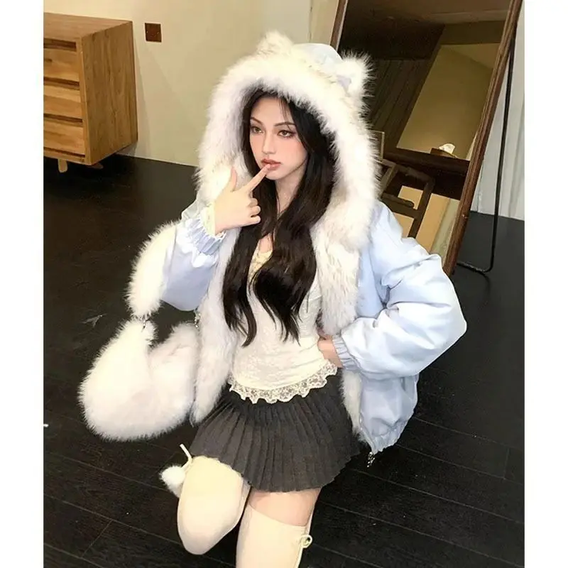 اليابانية Kawaii عكسها مقنعين فو الفراء طوق المرأة سستة معطف آذان القط ثقافة فرعية Harajuku بلون الخريف الشارع الشهير