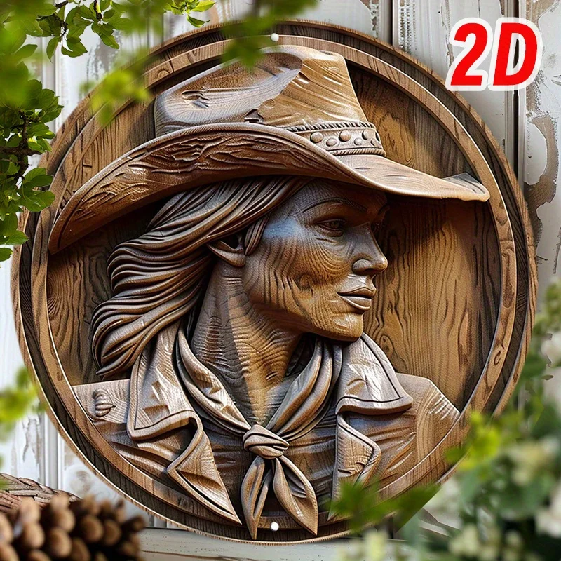 2D Wood Relief Cowgirl Portrait Round Metal Tin Sign 20x20cm Western Hat Bandana Iron Plaque Ranch Farmhouse Wall Decor