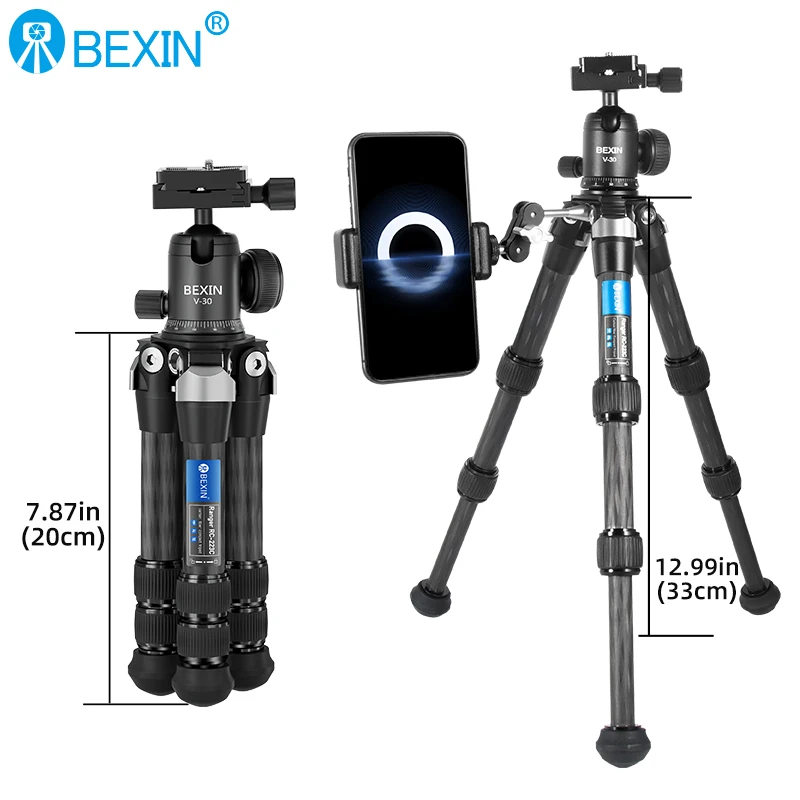 BEXIN Carbon Fiber Mini Tripod Compact Lightweight Portable Tabletop Tripods with Handle Ball Head Max Load 10kg for DSLR Camera