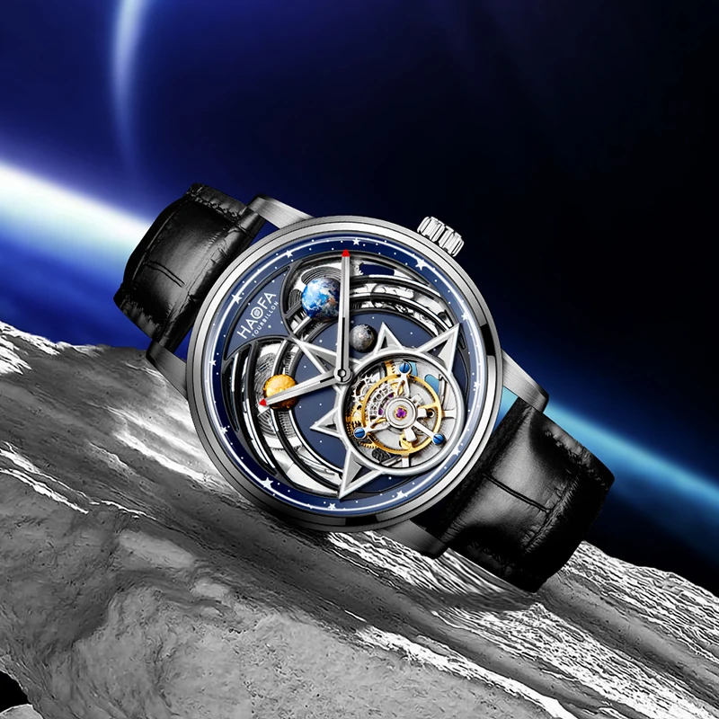 Haofa Wristwatch Man Mechanical Flying Tourbillon Earth Universe Luminous 316 Stainless Steel 72 Hours Power Double-spring 2268