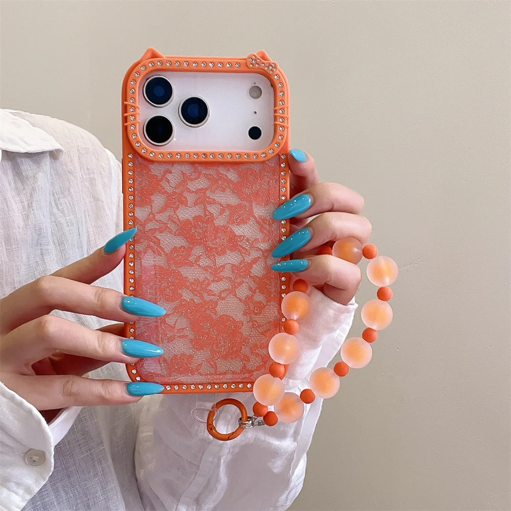 Clear Vintage Floral Lace Glitter Rhinestone Cat Ear Frame Phone Case for 17 Pro Max Matte Bead Lanyard Cover for iPhone 16-13