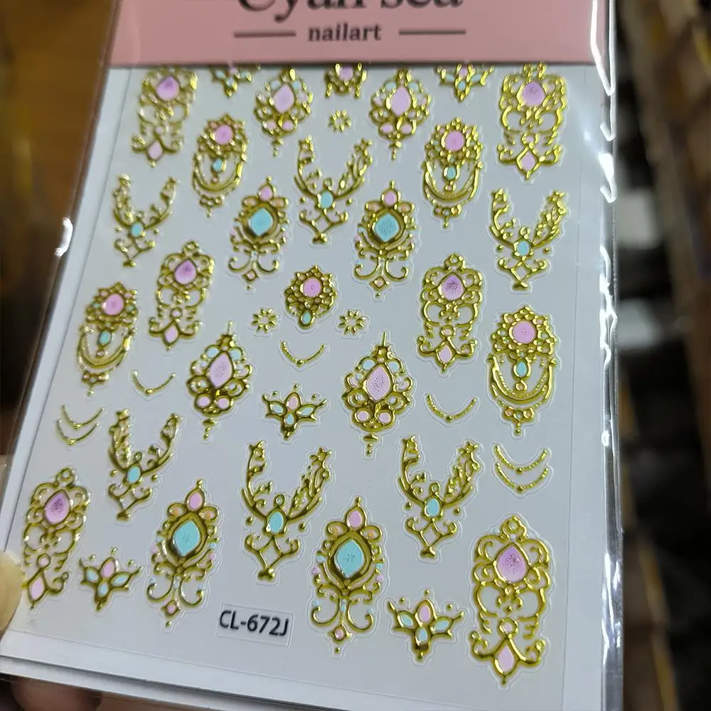 1Pcs 5D Gold Baroque Scepter Nail Stickers Pink Green Luxury Gemstone Nail Decals Self-Adhesive Retro Nail Art Decoration Slider