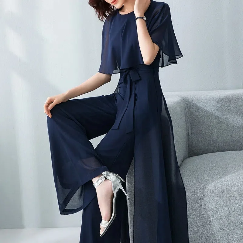 Lotus Leaf Sleeve Jumpsuit Women's Summer Long 2024 New Chiffon Jumpsuit Wide Leg Set Temperament Jumpsuit Female Bodysuit Blue