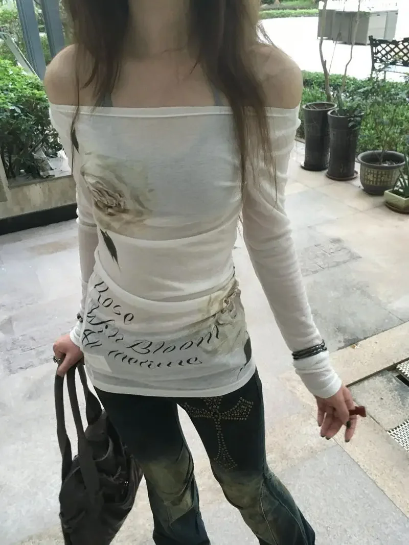 

Japanese Y2k Off Shoulder Tops Vintage Print 2000s Style Blouse Harajuku Flower Print Long Sleeve Sheer Tops American 블라우스