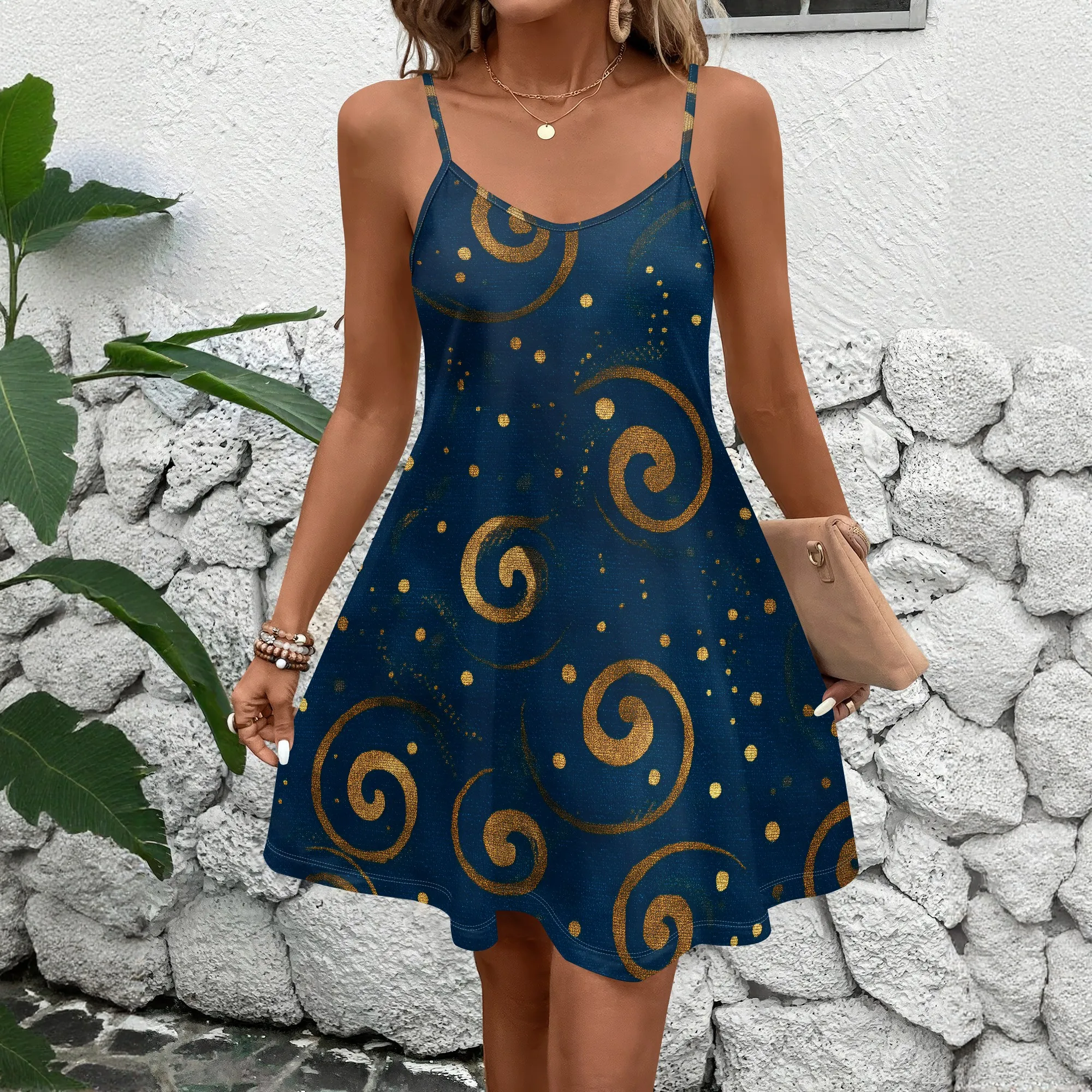 Gold Swirls Print Dress, Spaghetti Strap Sundress, Mini A-Line Party Dress, Boho Beach Vacation Wear, XS-3XL