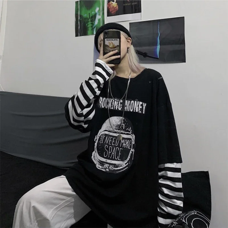 Women's T Shirt Streetwear Casual Letter Print Stripe Tees Anime T-Shirt Summer Woman Clothing Long Sleeve Hip Hop Y2k T Shirts