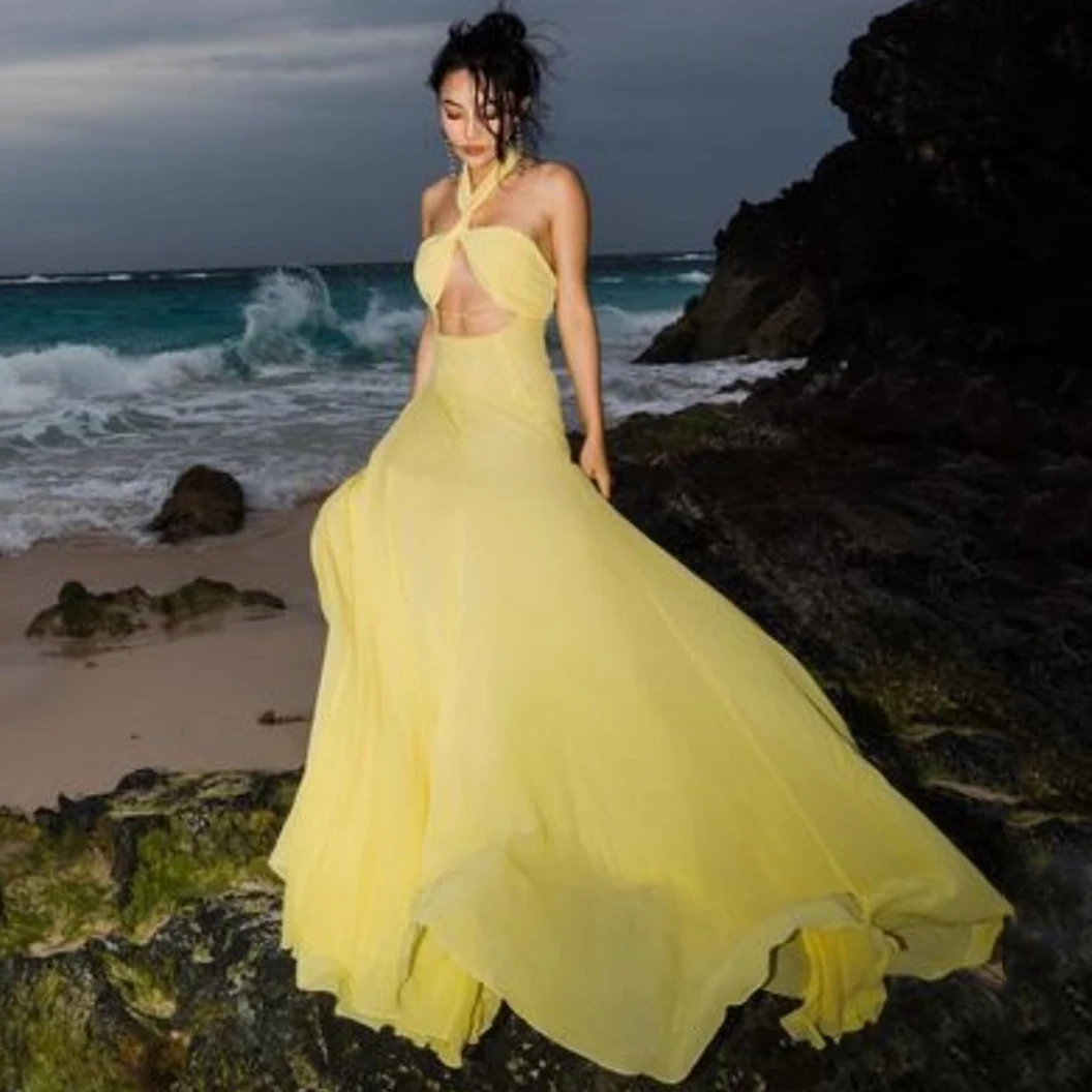 Halter Yellow Chiffon Long Dress Layered Open Back Woman Clothing A-line Evening Dresses For Women Custom Made Prom Gown