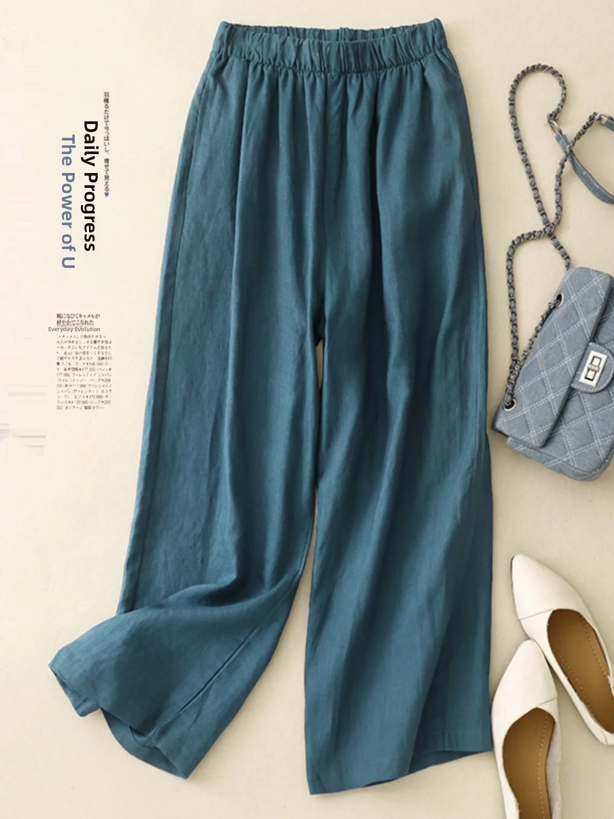 Hoge taille wijde pijpen broek bamboe katoen pure kleur zomer nieuwe dames losse broek casual losse broek Fem