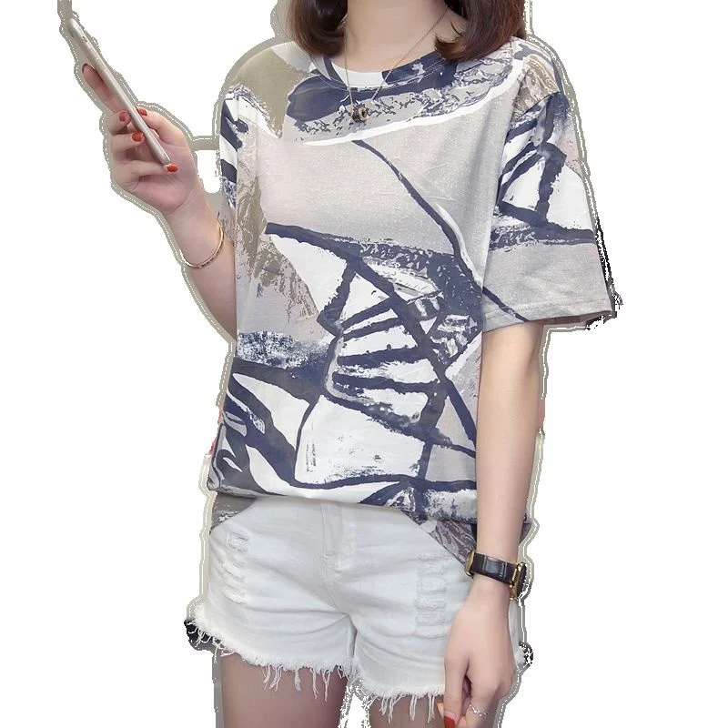 L-4XL large size Cotton Tie Dye T-shirts Women summer Short Sleeve Print Basic Tshirts Casual Loose Cool oversize Tops  Female