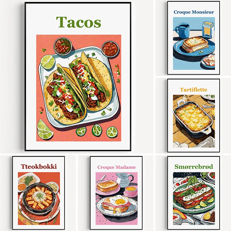 Food Art Poster Tiramisu Fried Rice Soup Tacos Meat patties Canvas printing kitchen decoration frameless painting For Home room