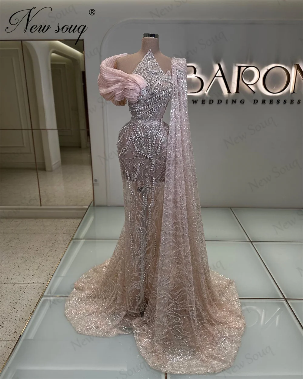 

Aso Ebi Champagne Mermaid Celebrity Dresses With One Shoulder Cape Sleeves Prom Dress Custom Made Dubai Beading Evening Dresses