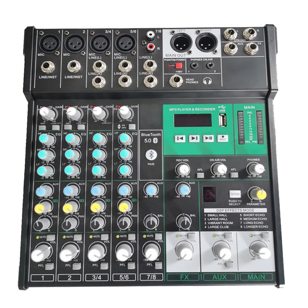 ZED8 Audio 8 Channel 2 Mono 4 Stereo Inputs AUX USB Sound Mixer Mixing Console Bluetooth 48V Connect Wired Wireless Microphone