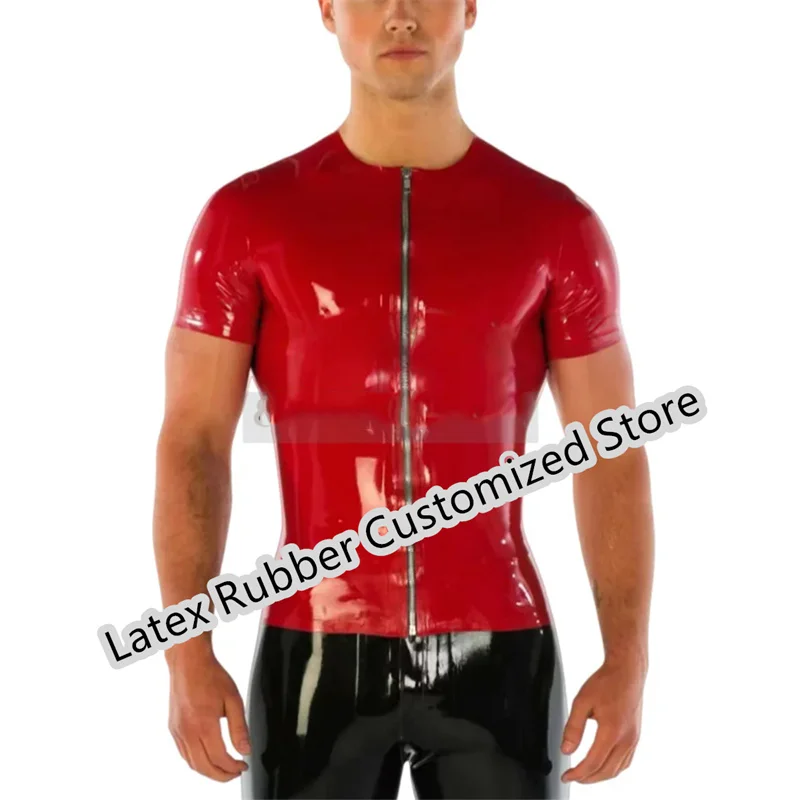 

Модная мужская классическая латексная футболка ручной работы с короткими рукавами и молнией спереди для вечеринки в стиле Хэллоуин