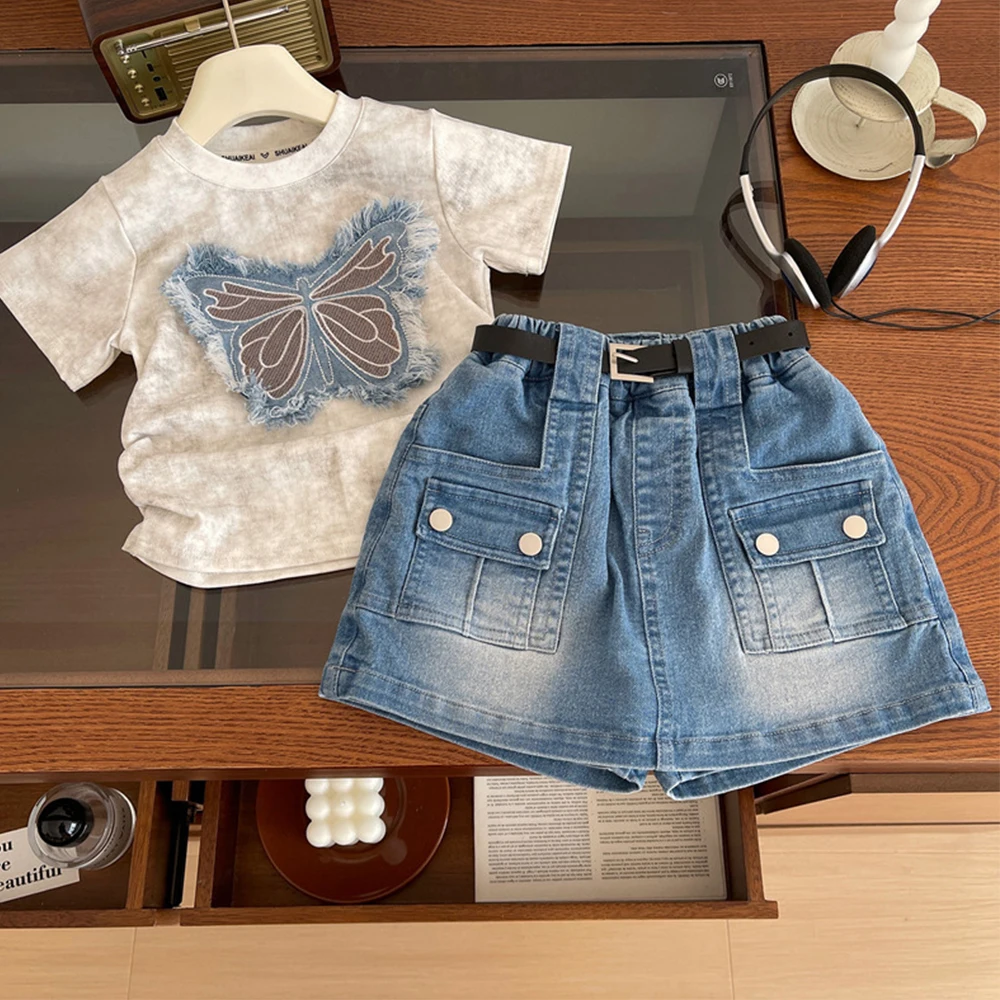 Kids Summer American Retro Butterfly Pattern Shirring Tops Shirt+High Waist A-Line Shorts Skirt Sets for Girls 2pcs Child Suits