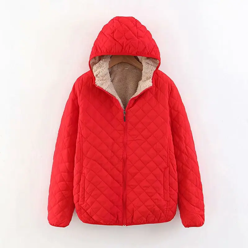 Women\'s Coat Fleece Warm Autumn Winter Hooded Zipper Jacket Plaid Slim Long Sleeve Solid Color Outerwear Female Quilted Coats