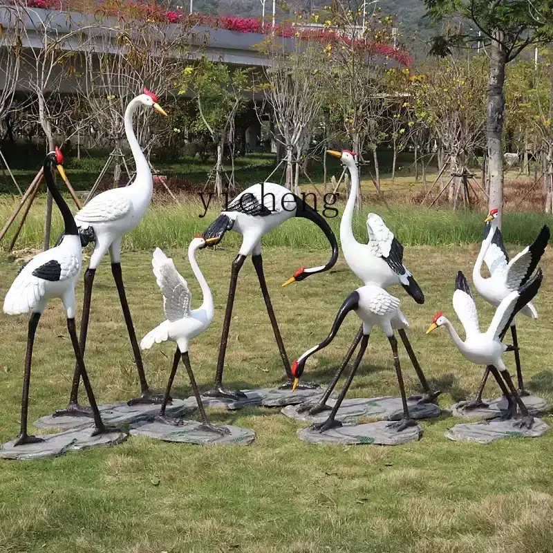 AA  outdoor imitation copper crane sculpture courtyard pool ornament simulation red-crowned crane landscape decoration