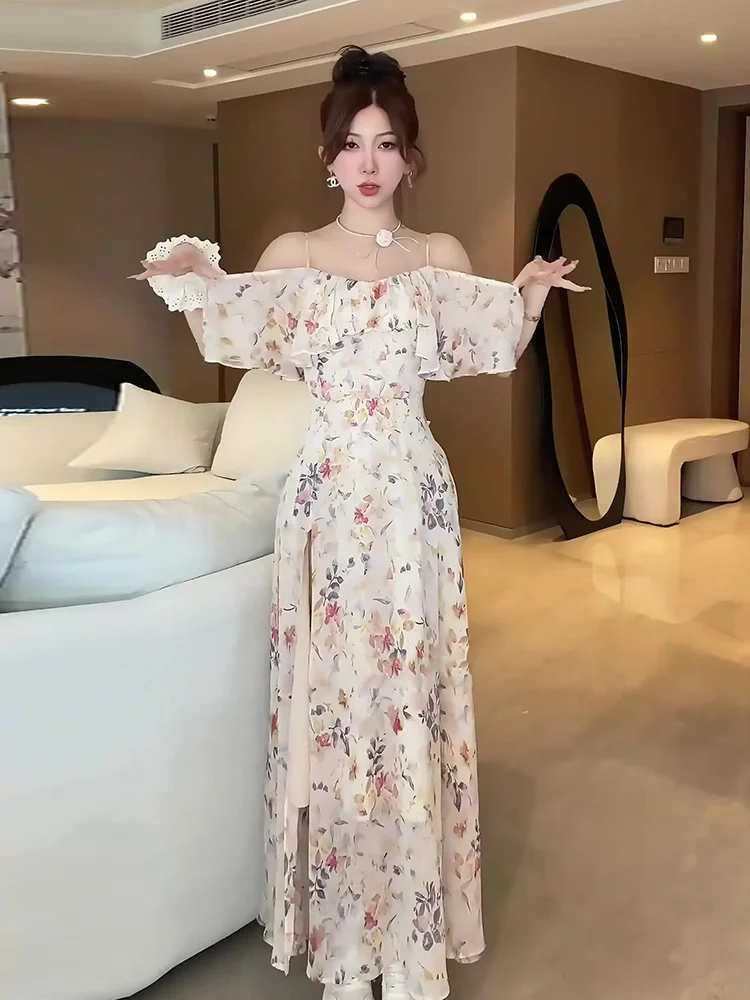 فستان وصيفة الشرف أنيق بنقشة زهور وقصة ضيقة مع كتف مكشوف للنساء صيفي من البوليستر