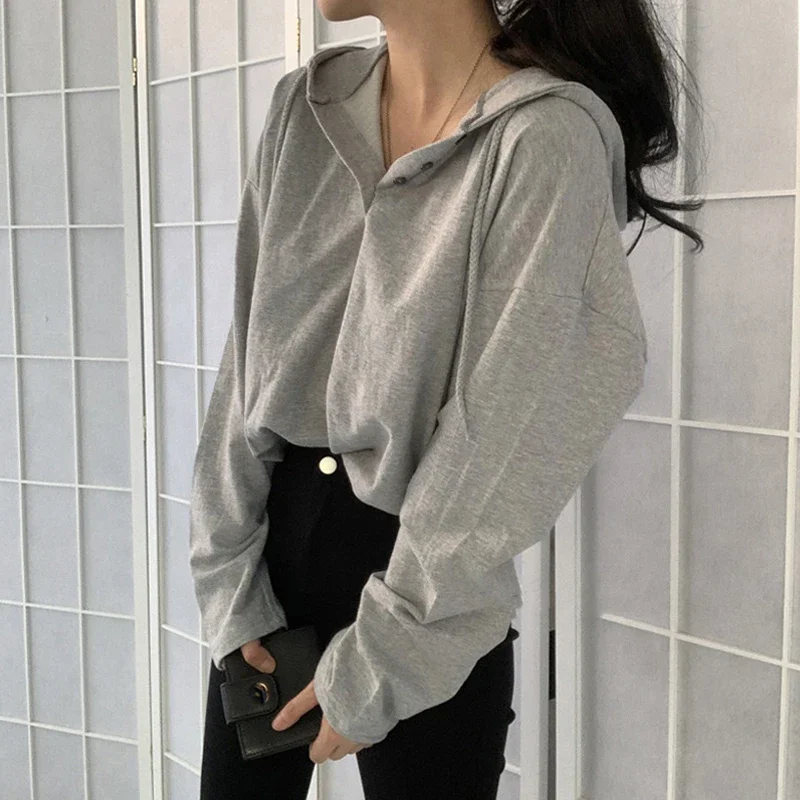 

Hood Long sleeves Shirt Women Ins Trendy Korean Sle Loose All-Match Spring and Autumn 2024 New Design Bottoming Shirt Top