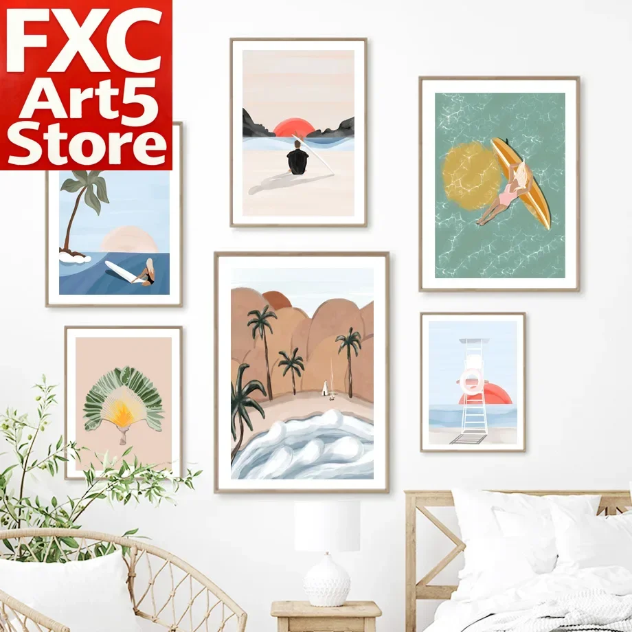 1PC Tableau mural abstrait minimaliste sans cadre sur toile, thèmes Mer bleue, Plage, Surf, Palmier, Buggy, Voiture, Coucher de soleil, pour Salon