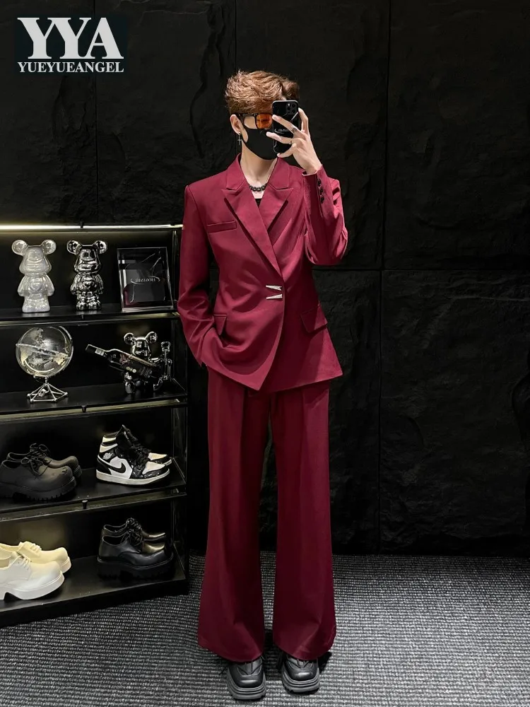 

Корейский деловой мужской повседневный офисный костюм: однобортный пиджак и прямые брюки, однотонный, свободный крой, комплект из двух предметов