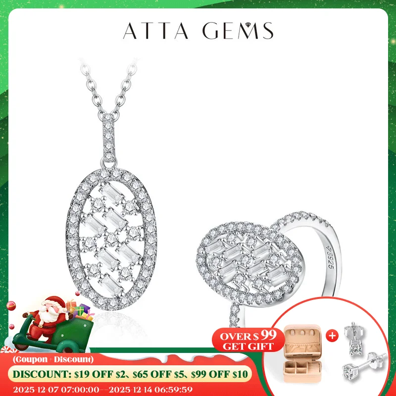 

ATTAGEMS Simple Moissanite Jewelry Set for Women Pendant Necklace Diamond Rings S925 Sterling Silver Gold Plated Engagement Gift