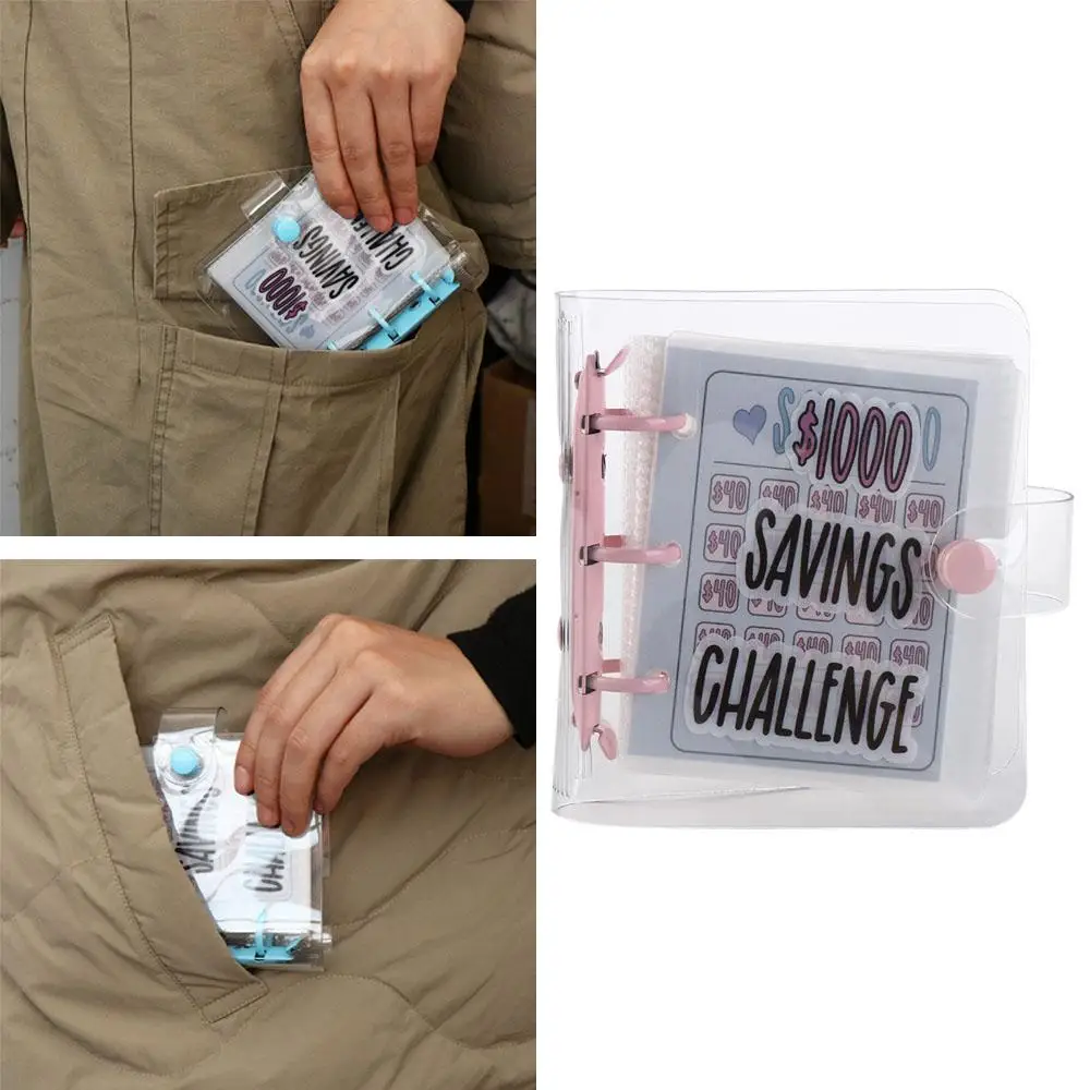 Waterproof $1000 Money Savings Challenge Binder PVC Button Closure Mini Budget Binder Notebook Portable Pink/Blue