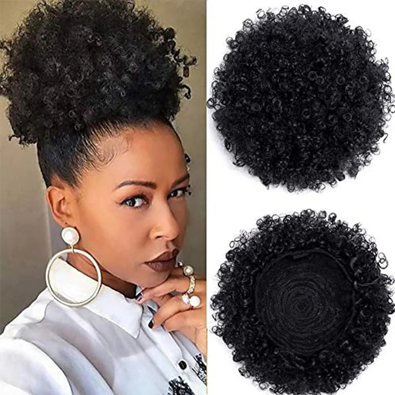 Afro Kinky Curly Haarknoten aus Echthaar, Afro Chignon, Afro Puff, Kordelzug-Haarbündel, lockiger Pferdeschwanz aus Remy-Echthaar für schwarze Frauen, 6 Zoll